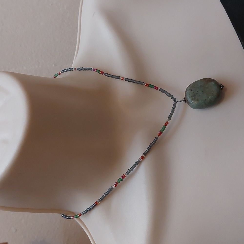 Artisan Green Chrysocolla Pendant Beaded Choker Necklace Sterling Silver Accent - Picture 3 of 6